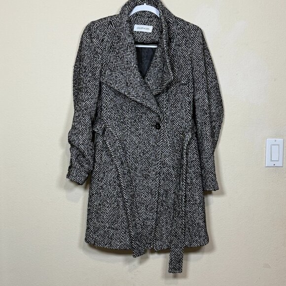 Calvin Klein coat Wool Herringbone Jacket Black/White trench coat jacket  Sz S W - Picture 1 of 8